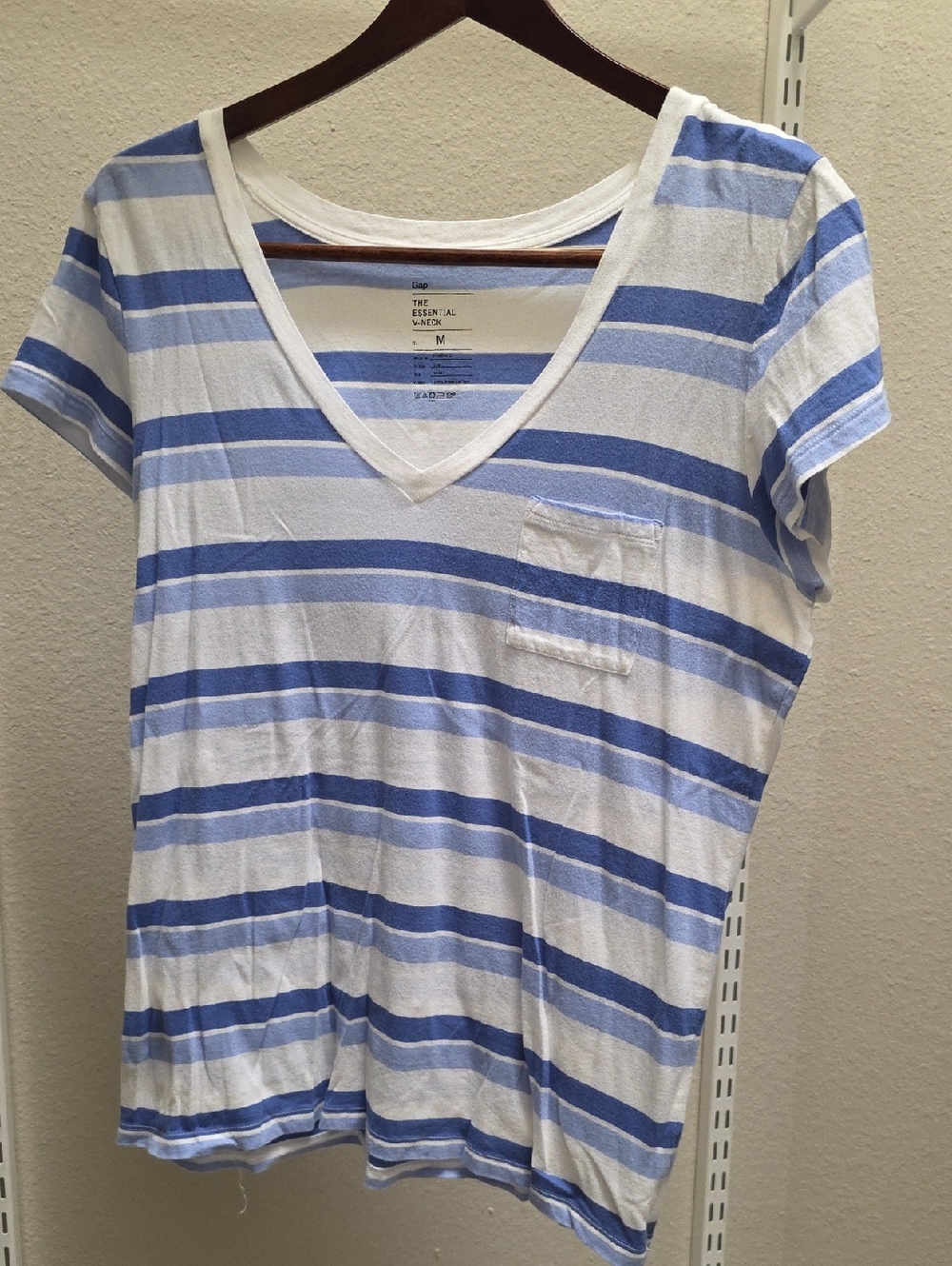 GAP Women’s Blue & White Striped V-Neck Pocket Tee